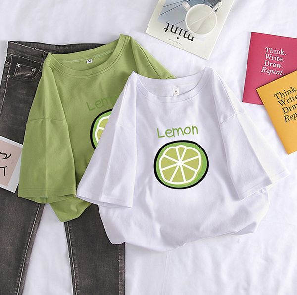 

women summer loose t-shirt o neck avocade green white casual fashion t for ladies short sleeves printed lemon or peaches kartoon t shirt