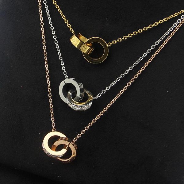 

2019 wholesale gold plated double rings pendant necklace choker 316l stainless steel two circle rings necklace jewelry for women, Silver