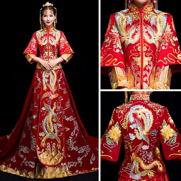 

bride modern cheongsam chinese traditional dress wedding qipao su embroidery dress robe chinoise oriental style evening gown, Red