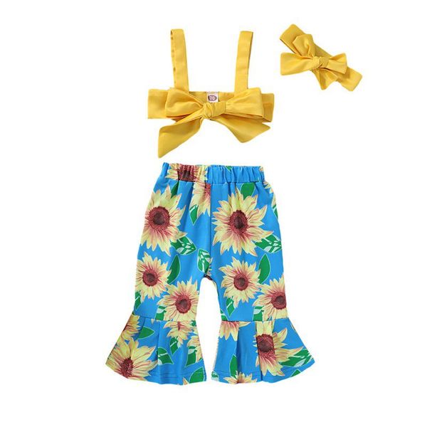 

3pcs summer baby girl outfit set solid color sleeveless sling sunflower print trousers headband kit kids clothes set 0-18m, White