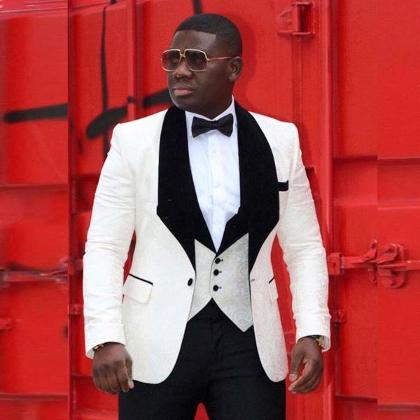 

brand new ivory jacquard groom tuxedos black velvet lapel mens wedding tuxedos man jacket blazer popular 3piece suit(jacket+pants+vest+tie)6, Black;gray
