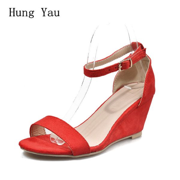 

women sandals shoes summer fashion wedges platform high heels pumps peep toe beautiful lady casual buckle strap plus size 35-43, Black