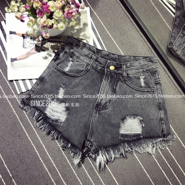 

plus size 6xl holes pants for women high waist denim shorts summer fur trim wide-leg loose-fit grey white jeans shorts, Blue