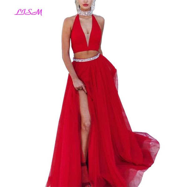 

red long prom dresses with beading crystal a-line halter v-neck evening formal dress slit two pieces prom gowns vestidos, White;black