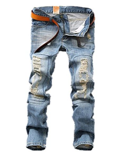 

vionr mens straight slim destroyed denim distressed ripped skinny jeans, Blue