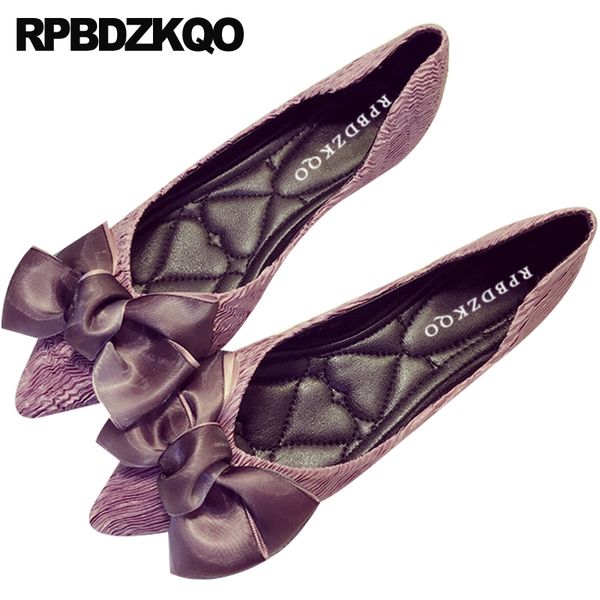

green women flats shoes with little cute bowtie wedding ballerina large size ballet pointed toe bow designer embellished purple, Black