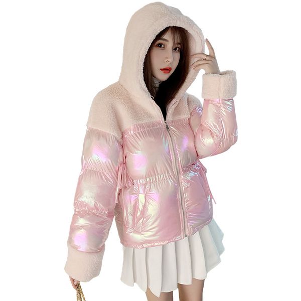 

зимняя куртка женская 2019 корейская версия нового дикого с капюшоном овцы торт шерсть шить толстые с длинными рукавами хлопок одежда, Black