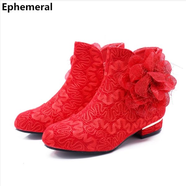

ladies boots fur flowers lace low heels shoes wedding botas mujer zapatos sweet ankle booty round toe winter red zipper footwear, Black