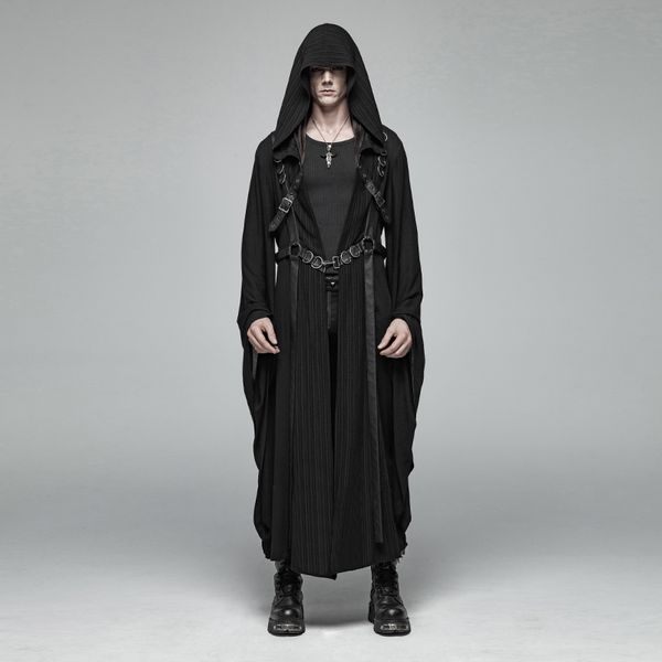 

punk rave men dark punk куртка нашивка woven pu кожа пряжка металл украшение больших рукава сыпучего капюшон средней длиной пальто, Tan;black