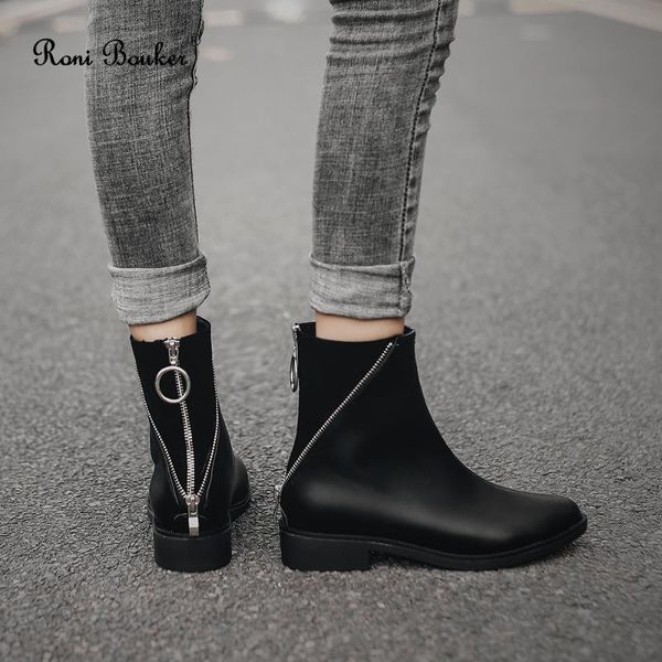 

roni bouker boots women round toe black leather ankle fashion women's square high heels shoes woman female zipper booties spring