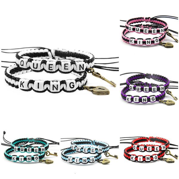 

2pcs/pair two colors cord bracelets white king queen with key lock rope chains size adjustable lovers gifts charm accessories, Golden;silver