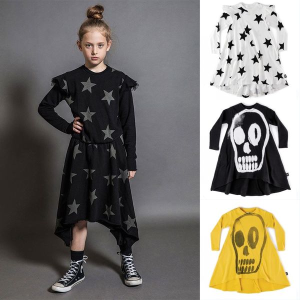 

girl skull star print long sleeve dress kids autumn skull style cotton dress ins kids girls clothing dress, Red;yellow