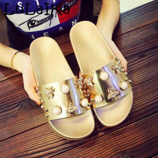 

lulaika 2019 summer ladies slippers korean fashion roman sequins casual slippers wild anti-skid holiday beach sand drag, Black