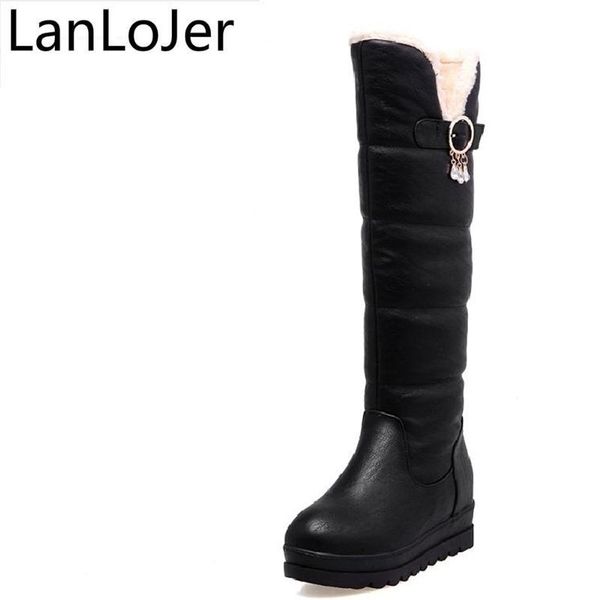 

lanlojer 2018 cotton fashion waterproof snow boots women's knee high boots flat winter platform fur shoes women size 33-43, Black
