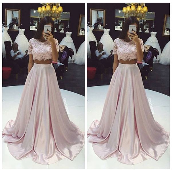 

jewel lace short sleeves a-line prom dresses two piece 2019 long vestidos de evening party gowns formal evening party gowns modest, Black