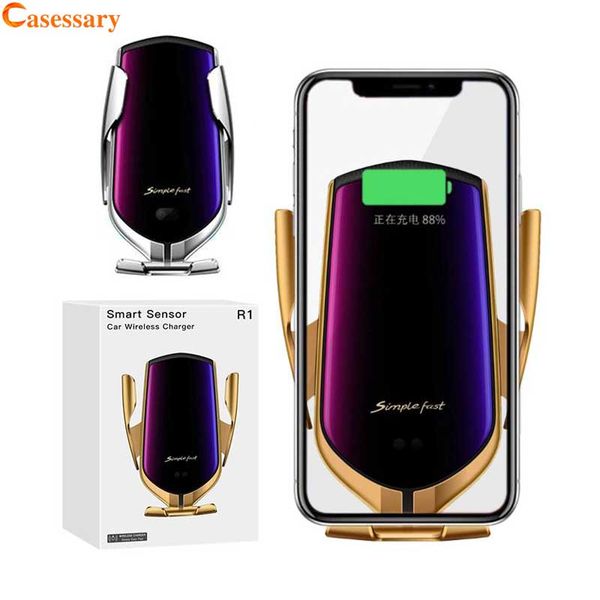 

r1 infrared sensor wireless car charger automatic clamping for iphone 11 air vent phone holder intelligent 10w fast charging with retail box