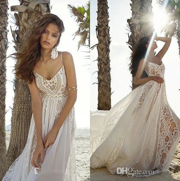 

boho wedding gowns spaghetti straps lace a line illusion chiffon applique backless floor length summer beach wedding bridal dresses, White