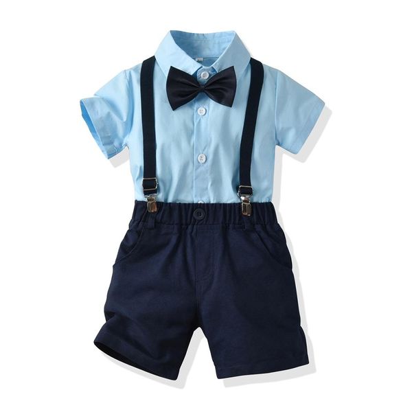 

children's clothing boy summer short-sleeved shirt suspenders shorts bow tie gentleman clothes suit fantasy clothes 2 sets, White