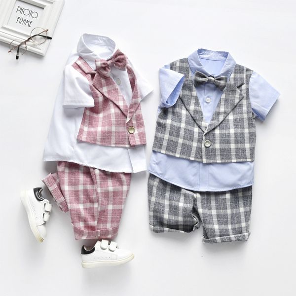 

3 sets wholesale [ shirts + pants ] handsome gentleman summer plaid shirt baby boy girl party children kids clothes 6-36 months, White
