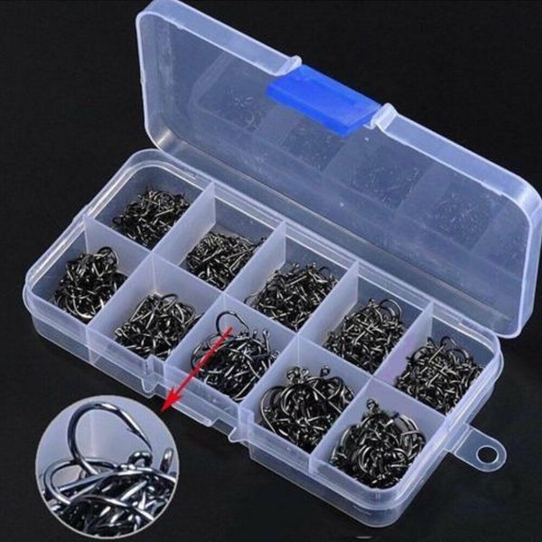 

500pcs fish hooks 10 sizes fishing black silver sharpened with box quality kit