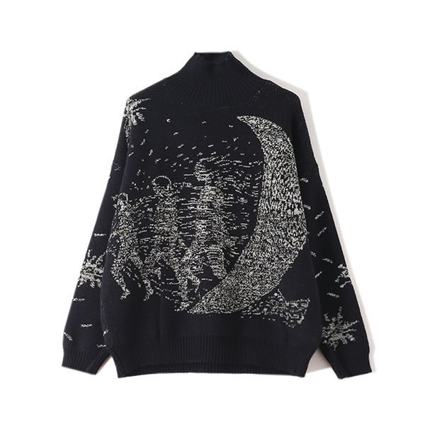 

2020 spring new designer mysterious blues galaxy star and moon intarsia gold thread mixed color lazy silhouette turtleneck sweater sweater, White;black
