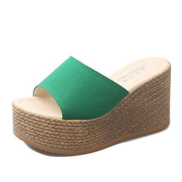 

wedge slippers open toe platform flip flops womens mules with heels 9cm beach slippers women summer casual leather flip flops woman, Black