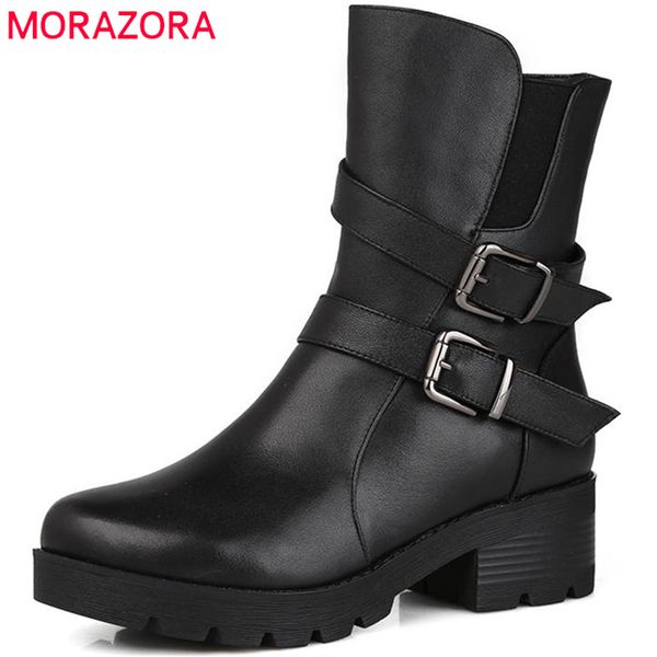 

morazora 2020 genuine leather wool boots round toe ankle boots for women keep warm winter snow punk platform shoes, Black