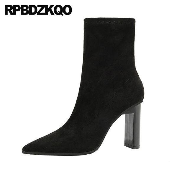 

suede block black ankle chunky thick green shoes women 2019 slip on fall fashion pointed toe sandals boots short