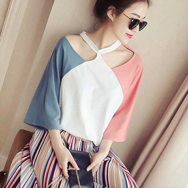 

2019 summer suit seven-point sleeve color matching t-shirt female loose neck unbearable color base shirt female, White