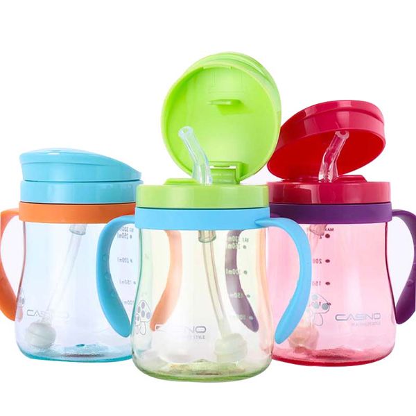 

330ml shock-resistant baby sippy cups kids drinking bottles infant children learn drinking dual handles straw juice slid feeding