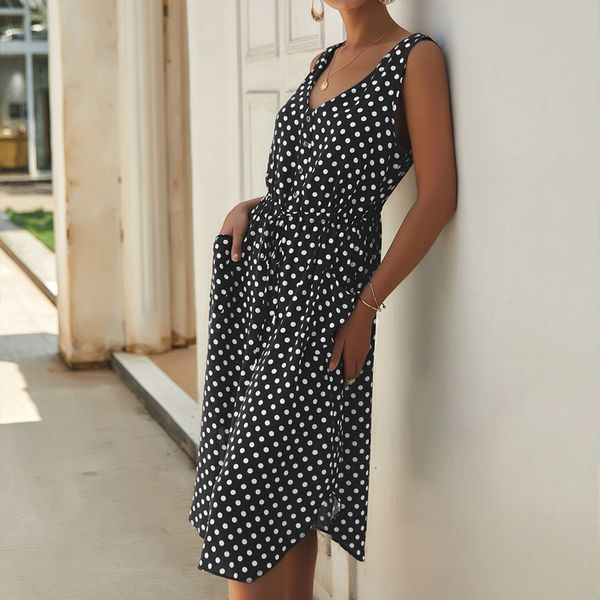 

мода лето горошек v-образным вырезом платья 2019 robe фам vintage кнопка женщин пояса печати платья сексуальная партия долго boho платье, Black;gray