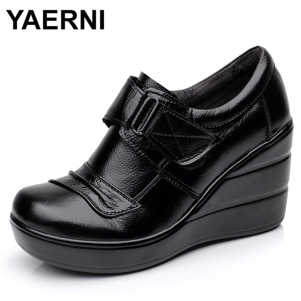 

yaerni cowhide genuine leather platform spring and autumn deep mouth single shoes high heels platform women's shoes wedges e420, Black