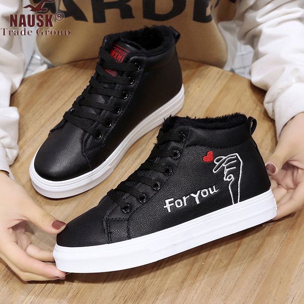 

2019 new winter boots women ankle boots warm pu plush winter woman botas mujer flats lace up ladies shoes women short snow, Black