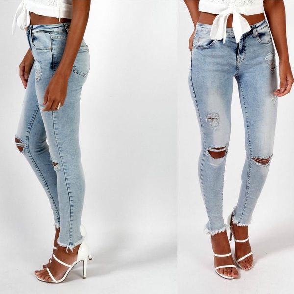 

jeans damaged knee holes pencil pants trousers elastic tear women denim skinny trousers high waist, Blue