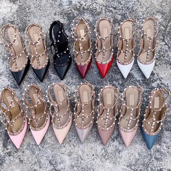 

designer sandals studs pump women high heels patent calfskin leather ankle strap pump real leather bottom shoes, Black