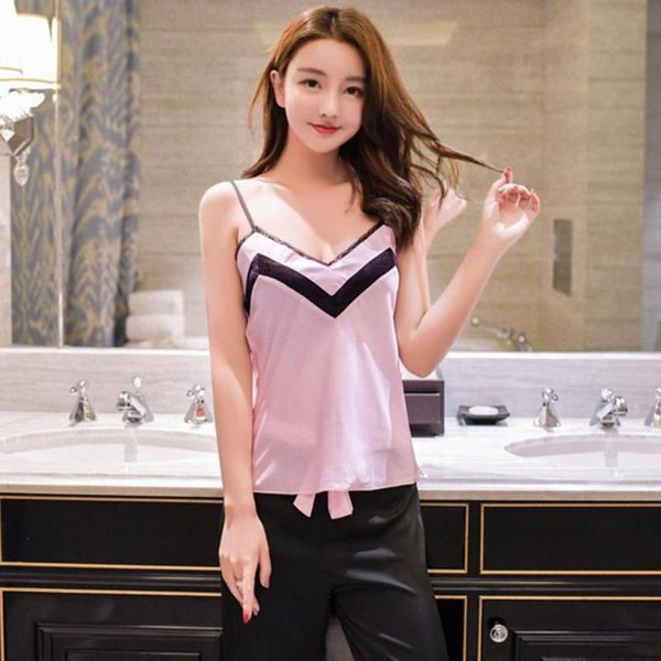 

lingerie set women's pajama v-neck summer sleepwear two-piece nightwear cami and pants set pijama mujer, Black;red