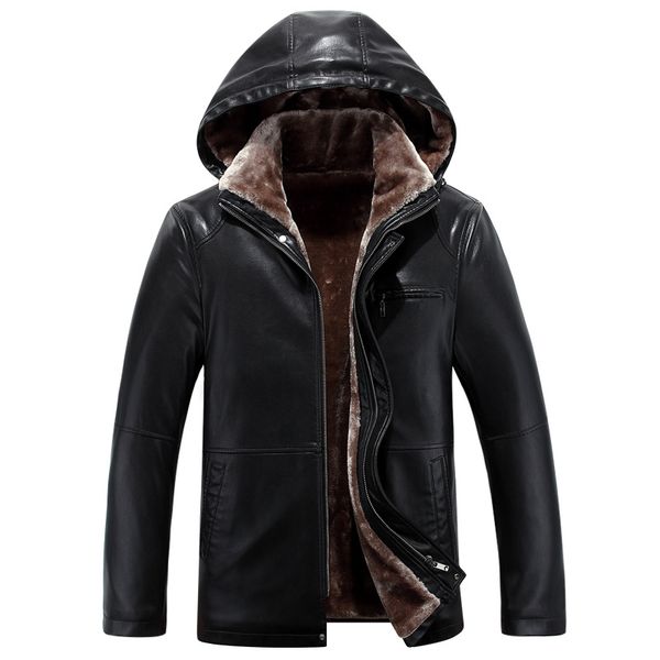 

men's leather jackets hooded faux fur coats thicken warm windbreaker waterproof overcoat slim fit 2018 plus size clothing, Black