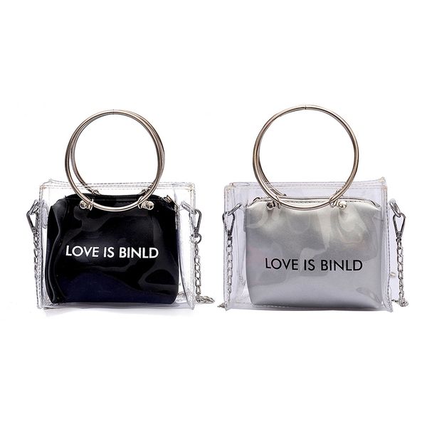 

2pcs fashion women bag set transparent shoulder bag+clutch for teenage girls fashion jelly crossbody bag circle handle tote silv