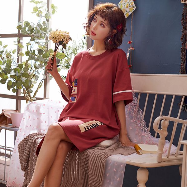 

perfering 2020 korea night dress cotton new loose women sleepwear ladies nightwear spring home dress nighty women nightgown, Black;red