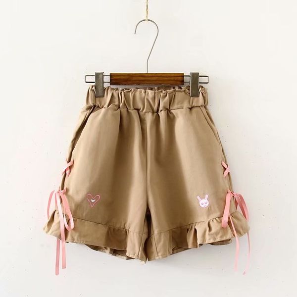 

japanese soft sister college wind cotton and linen elastic waist lace-up shorts girl summer micro pants, White