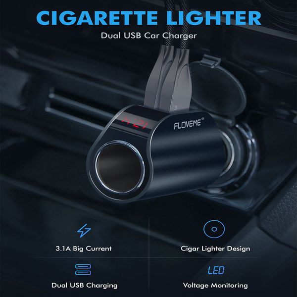 

12v-24v 3.1a car cigarette lighter adapter plug voltage lcd display socket splitter dual usb charger power for phone mp3 dvr