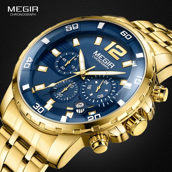 

megir men's gold stainless steel quartz watches business chronograph analgue wristwatch for man waterproof luminous 2068ggd-2n3, Slivery;brown