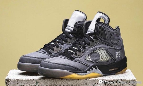 

off authentic x air 5 white men basketball shoes black textile mesh upper 3m reflective tongues retro man sports sneakers ct8480-001