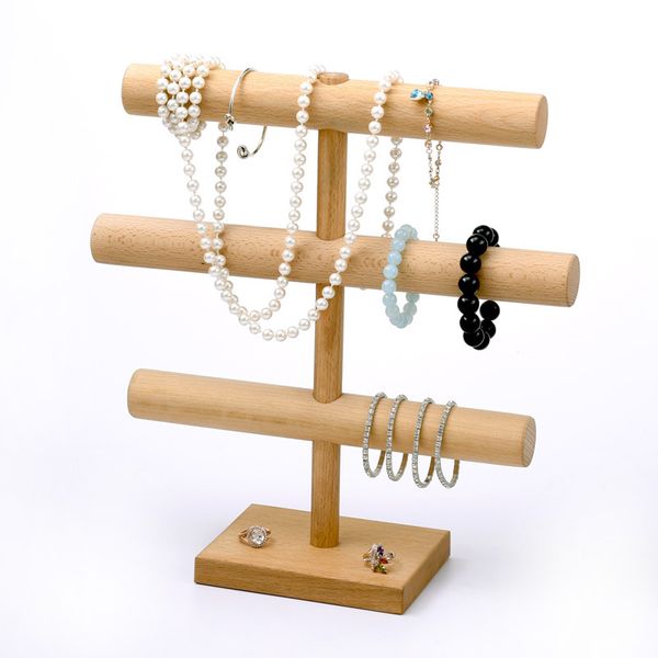 

[ddisplay] beech three-layer necklace collection display wooden t-bar watch holder stand bracelet display jewelry pendant storage orgainzer, Black