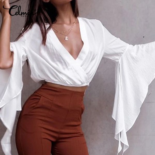 

vintage casual flare sleeve short shirt women celmia summer solid deep v-neck ruffles blouse ladies elegant irregular blusas, White