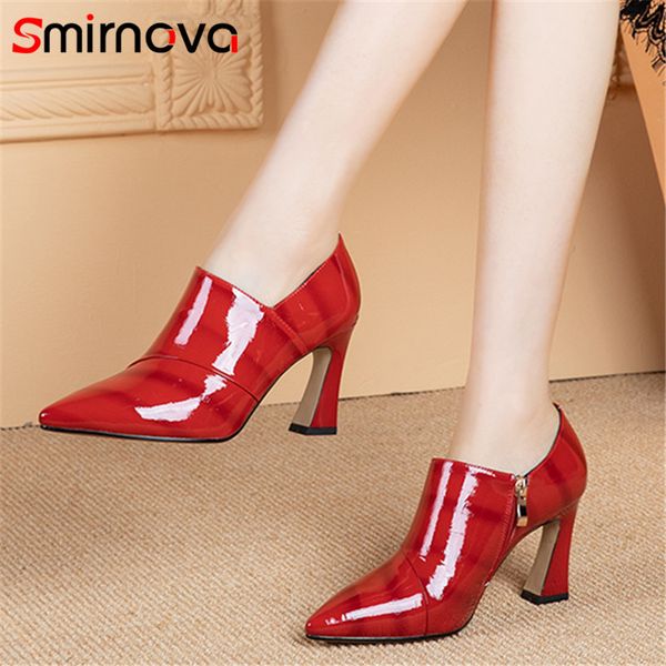 

smirnova 2020 patent leather pumps women shoes pointed toe zip spring summer single shoes classic dress woman, Black