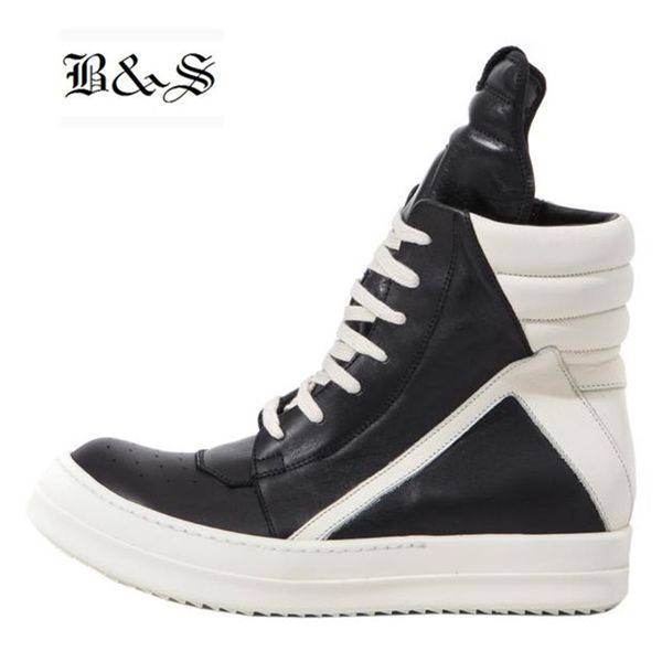 

black& street men high-ankle boots genuine leather hip hop luxury trainers boots casual lace-up zip flat black white shoes
