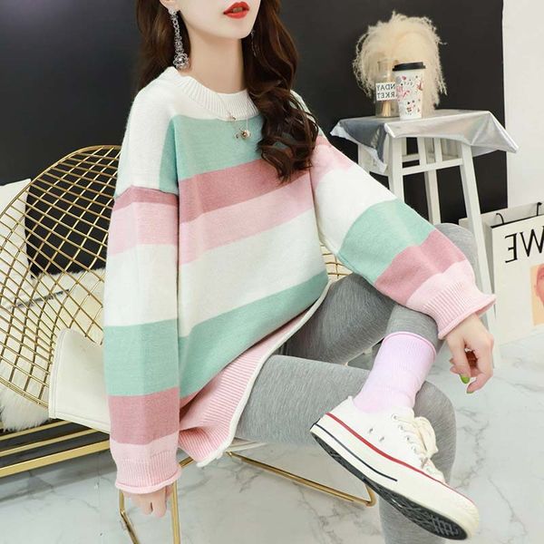 

women casual preppy style loose striped pullover sweater korean style long knitted oversize pullovers autumn winter q9036, White;black