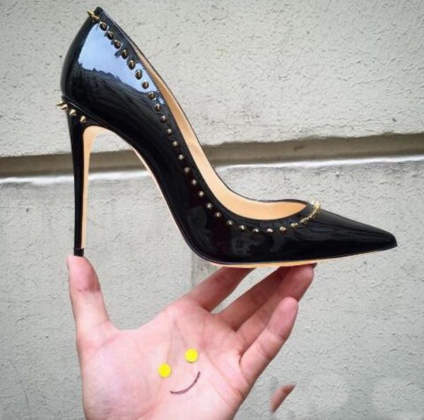 Sıcak Satış-Freeshipping Moda Kadın Ayakkabı Çıplak Siyah Spike Perçinler Noktası Toe Ince Topuklu Yüksek Topuklu Kadınlar Için Stilettos Ayakkabı Pompalar 120mm