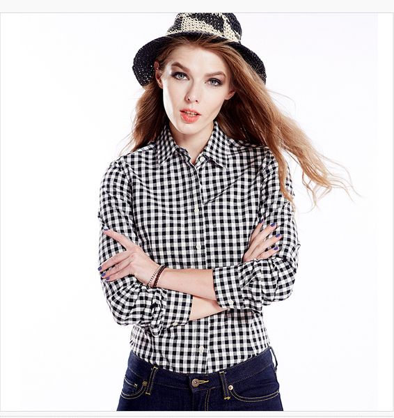 

2019 new brand women plaid shirts 100% cotton long sleeve turn down collar office shirt blouse button women's clothing blusas, White